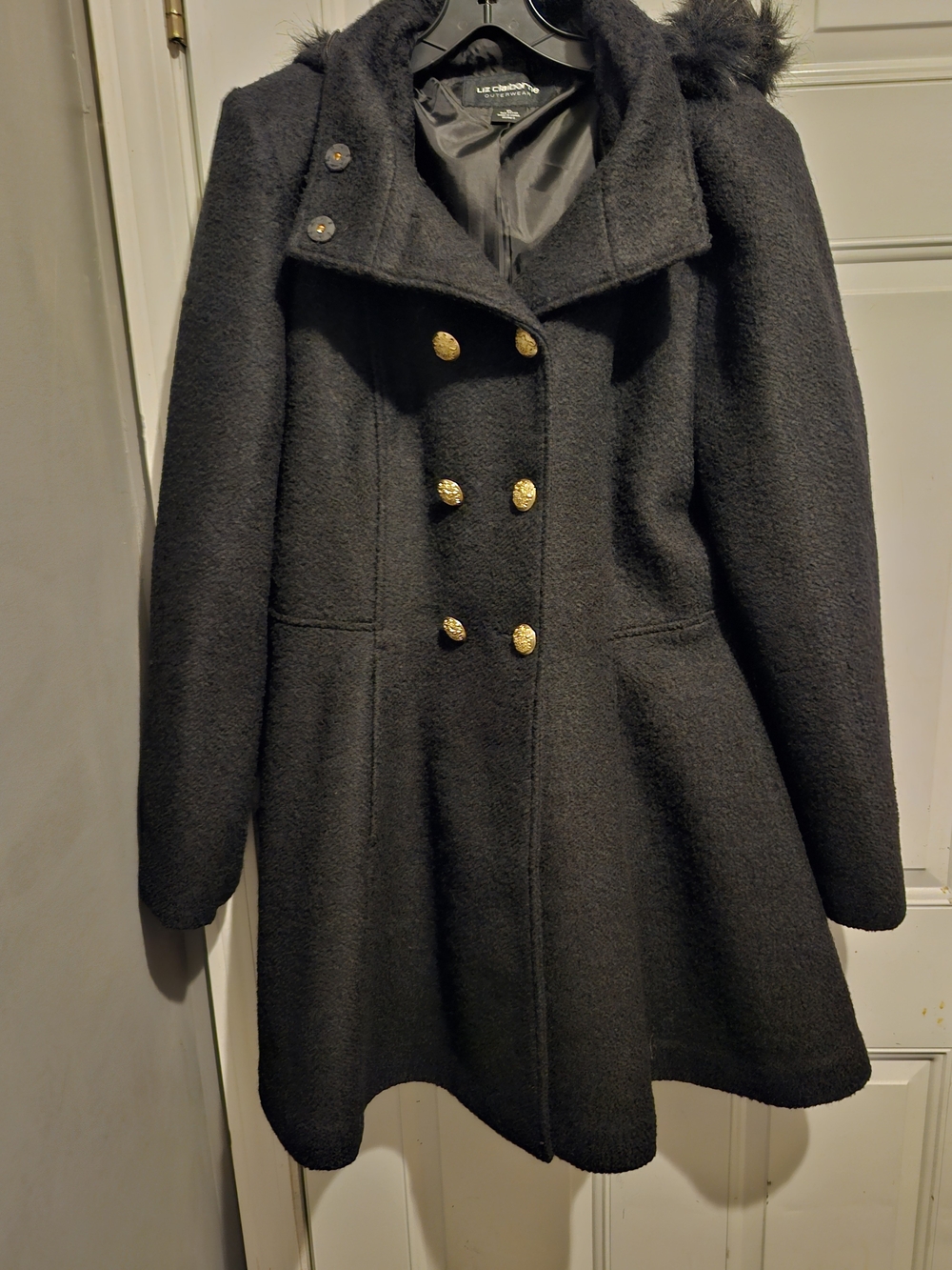 Liz Claiborne Black Double-Breasted Peacoat with Gold Buttons